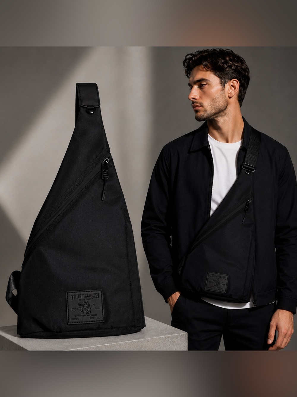 True Religion Black Sling Bag for Men - Minimal Crossbody